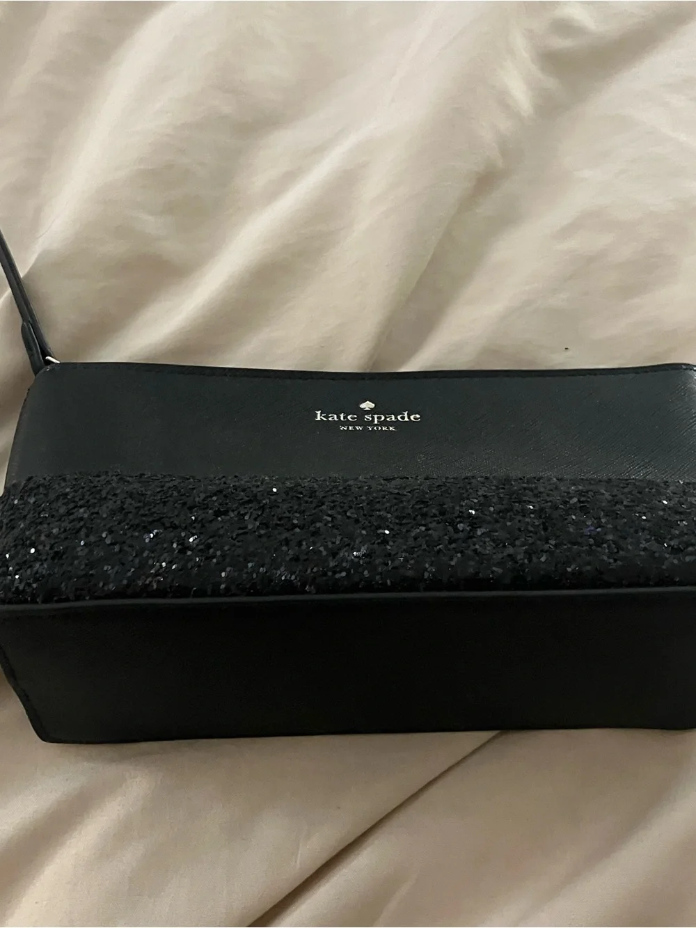 Kate Spade New York Black Saffiano Leather Glitter Makeup Bag Cosmetic Pouch Zip